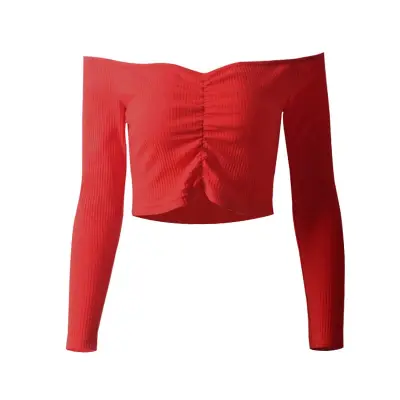 S-XL Women Off Shoulder Crease Long Sleeve Crop Top