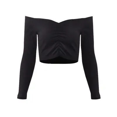S-XL Women Off Shoulder Crease Long Sleeve Crop Top
