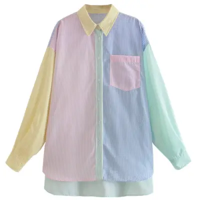 S-L Women Color Blocking Stripe Lapel Single Breasted Blouse