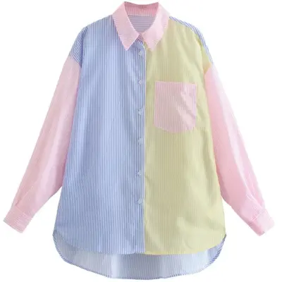 S-L Women Color Blocking Stripe Lapel Single Breasted Blouse