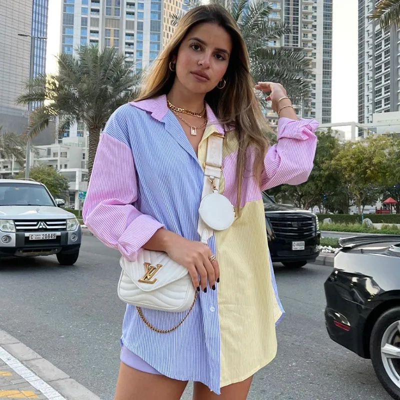 S-L Women Color Blocking Stripe Lapel Single Breasted Blouse