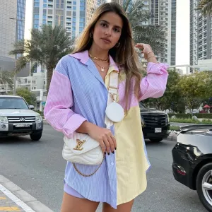 S-L Women Color Blocking Stripe Lapel Single Breasted Blouse