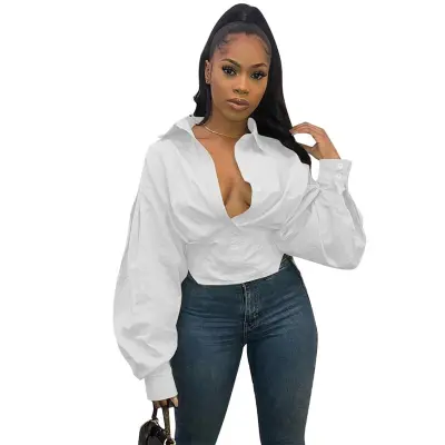 S-3XL Women Sexy Solid Color V Neck Lantern Sleeve Blouse