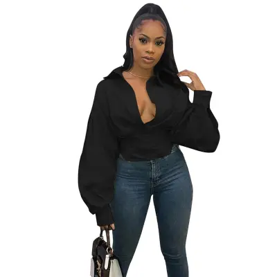 S-3XL Women Sexy Solid Color V Neck Lantern Sleeve Blouse