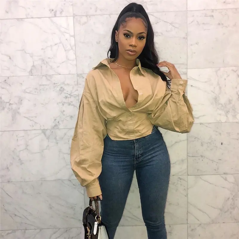 S-3XL Women Sexy Solid Color V Neck Lantern Sleeve Blouse