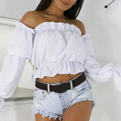 S-XL Women Sexy Solid Color Off-the-shoulder Crop Top Blouse