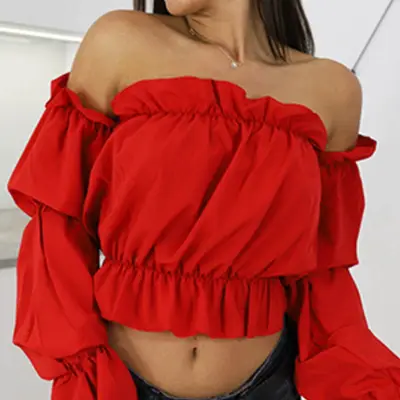 S-XL Women Sexy Solid Color Off-the-shoulder Crop Top Blouse