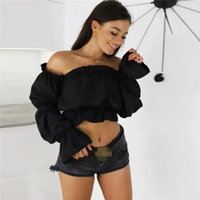 S-XL Women Sexy Solid Color Off-the-shoulder Crop Top Blouse