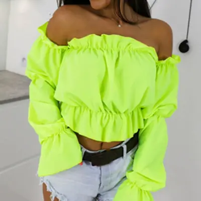 S-XL Women Sexy Solid Color Off-the-shoulder Crop Top Blouse