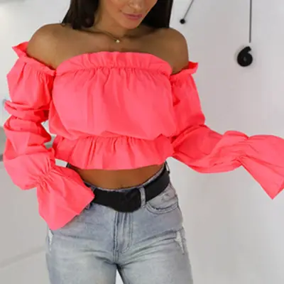 S-XL Women Sexy Solid Color Off-the-shoulder Crop Top Blouse