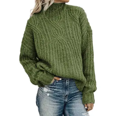 S-2XL Women Loose Fit Solid Color Turtleneck Pullover Sweater
