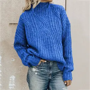 S-2XL Women Loose Fit Solid Color Turtleneck Pullover Sweater