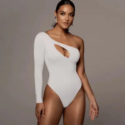 S-L Women Sexy Cut Out Oblique Shoulder Bodysuit Solid Color Milk Silk