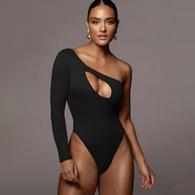 S-L Women Sexy Cut Out Oblique Shoulder Bodysuit Solid Color Milk Silk