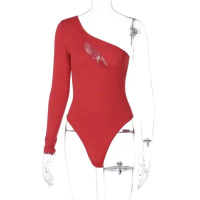 S-L Women Sexy Cut Out Oblique Shoulder Bodysuit Solid Color Milk Silk