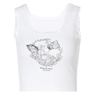 S-L Women Casual Graphic Printed Lace Crop Top