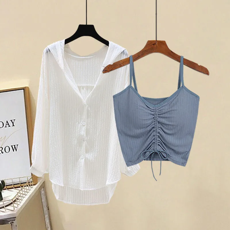 M-4XL Women Casual Solid Color Camisole And Hooded Blouse Two Pieces Set