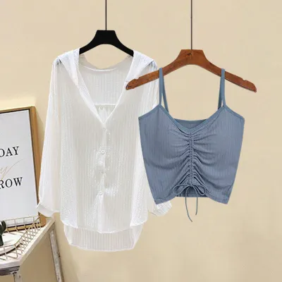 M-4XL Women Casual Solid Color Camisole And Hooded Blouse Two Pieces Set