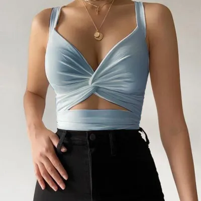 Women Sexy Solid Color Deep V Neck Cut Out Tank Top