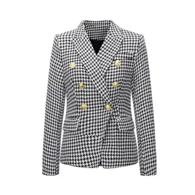 S-2XL Women Casual Double-breasted Lapel Blazer Polyester Houndstooth