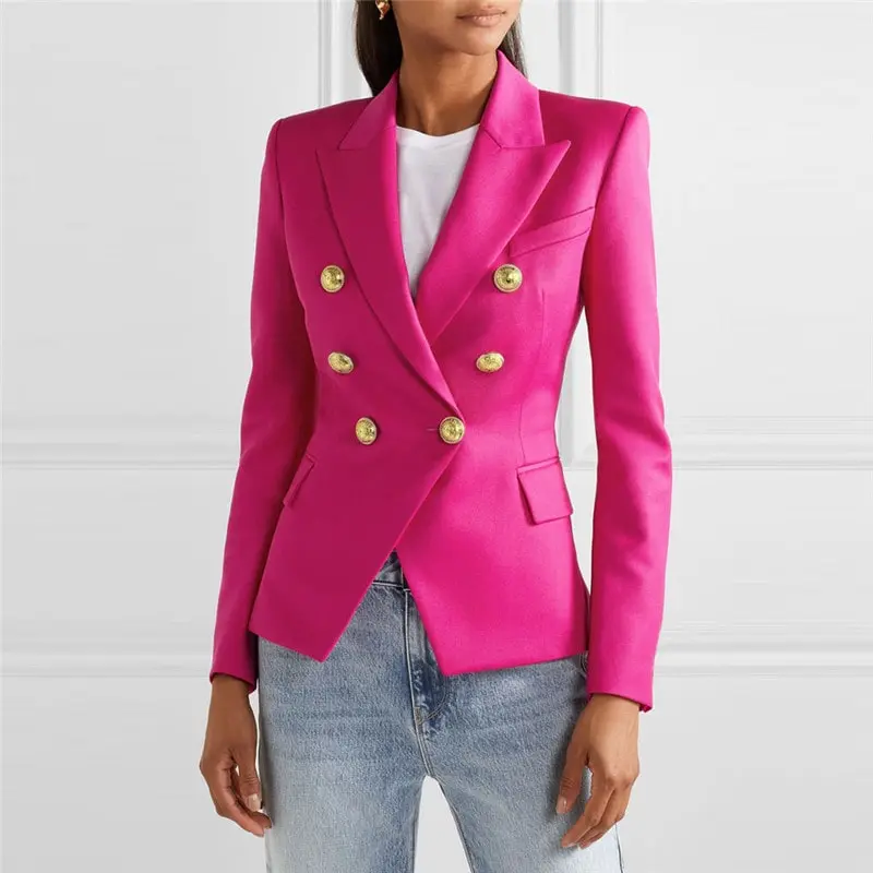 S-2XL Women Casual Double-breasted Lapel Blazer Polyester Houndstooth