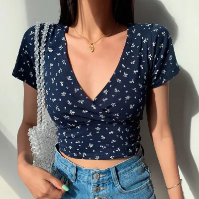 S-3XL Women Casual Wrap Crop Top with Flower Print