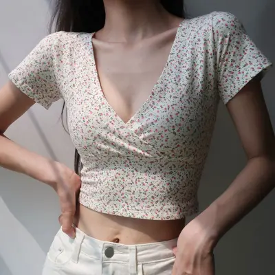 S-3XL Women Casual Wrap Crop Top with Flower Print
