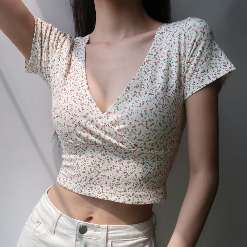 S-3XL Women Casual Wrap Crop Top with Flower Print