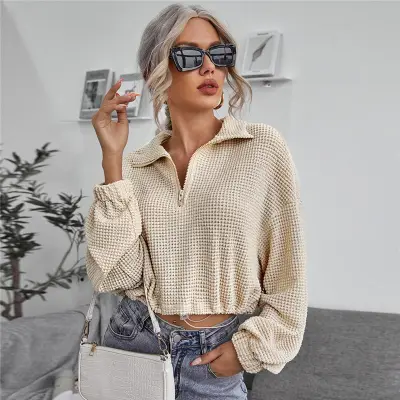 XS-L Women Lapel Zipper Drawstring Knitted Pullover Sweatshirt