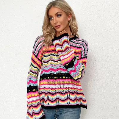 S-XL Women Creative Color Blocking Round Neck Knitted Pullover Top
