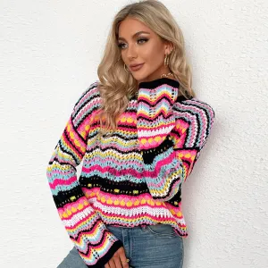 S-XL Women Creative Color Blocking Round Neck Knitted Pullover Top