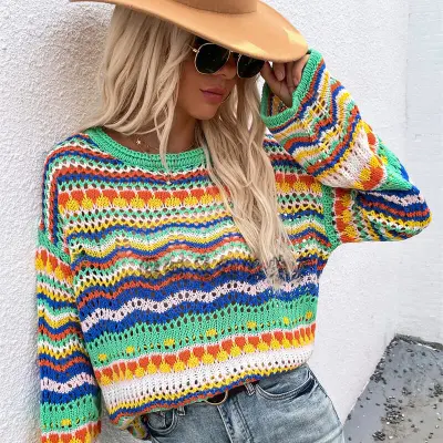 S-XL Women Creative Color Blocking Round Neck Knitted Pullover Top
