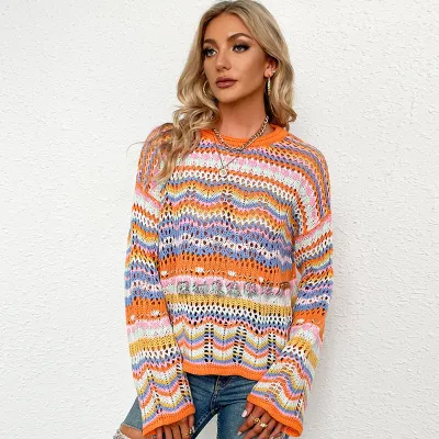 S-XL Women Creative Color Blocking Round Neck Knitted Pullover Top