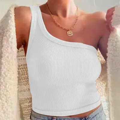 S-L Women Creative Solid Color Oblique Shoulder Ribbed Tank Top