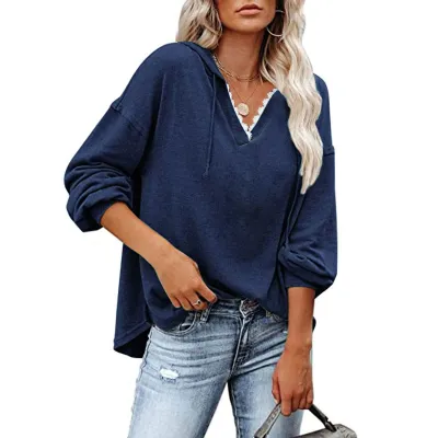 S-5XL Women Casual V Neck Loose Long Sleeve Cotton Blend Hoodie