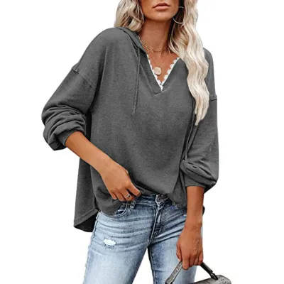 S-5XL Women Casual V Neck Loose Long Sleeve Cotton Blend Hoodie