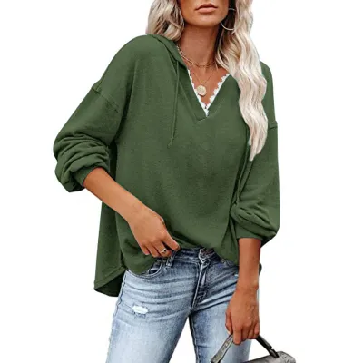 S-5XL Women Casual V Neck Loose Long Sleeve Cotton Blend Hoodie