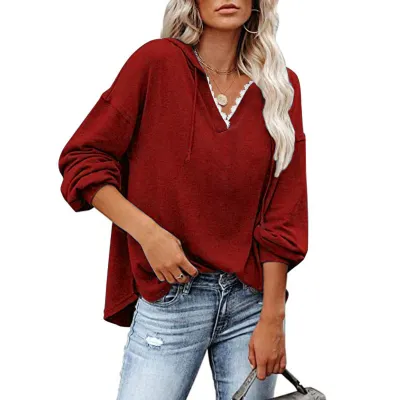 S-5XL Women Casual V Neck Loose Long Sleeve Cotton Blend Hoodie