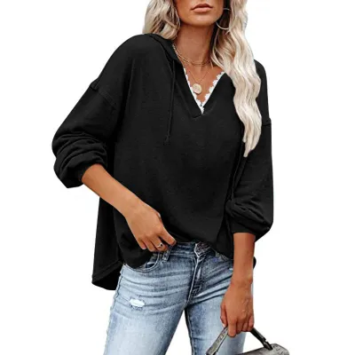 S-5XL Women Casual V Neck Loose Long Sleeve Cotton Blend Hoodie