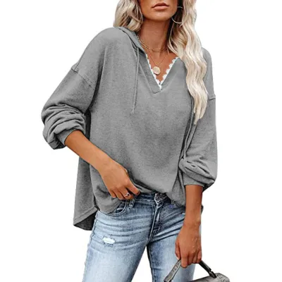 S-5XL Women Casual V Neck Loose Long Sleeve Cotton Blend Hoodie