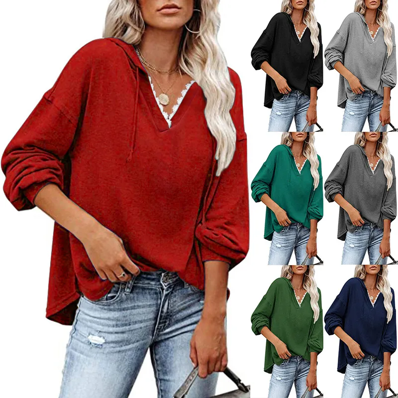 S-5XL Women Casual V Neck Loose Long Sleeve Cotton Blend Hoodie