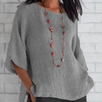 S-5XL Women Casual Solid Color Round Neck Blouse
