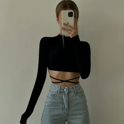 S-L Women Fashion Zebra Printing Backless Long Sleeve Crop Top