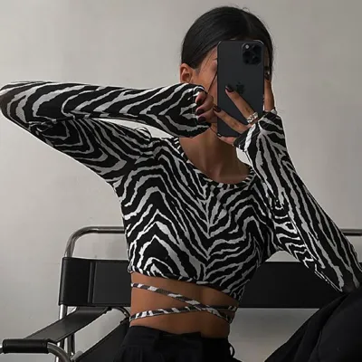 S-L Women Fashion Zebra Printing Backless Long Sleeve Crop Top