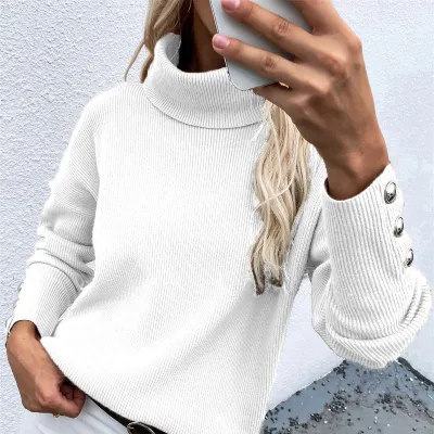 S-2XL Women Casual Solid Color Button Design Turtle Neck Pullover Knitwear