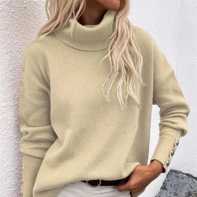 S-2XL Women Casual Solid Color Button Design Turtle Neck Pullover Knitwear