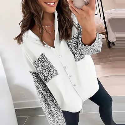 S-2XL Women Fashion Leopard Print Patchwork Denim Blouse
