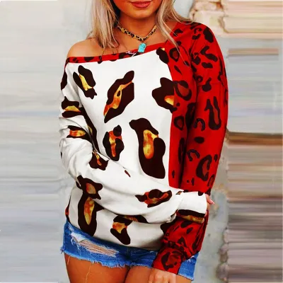 S-5XL Women Fashion Oblique Shoulder Long Sleeve Top