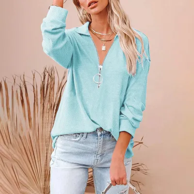S-5XL Women Solid Color Loose Fit Rib-knit V Neck Pullover Top