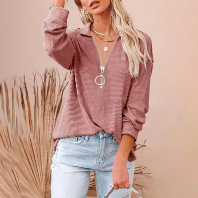 S-5XL Women Solid Color Loose Fit Rib-knit V Neck Pullover Top